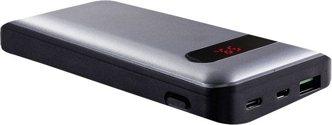 En svart och grå bärbar powerbank med en digital display som visar kvarvarande laddning.