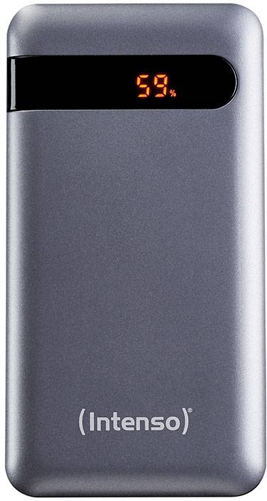 En bärbar powerbank från märket Intenso med digital display visar '59%'.