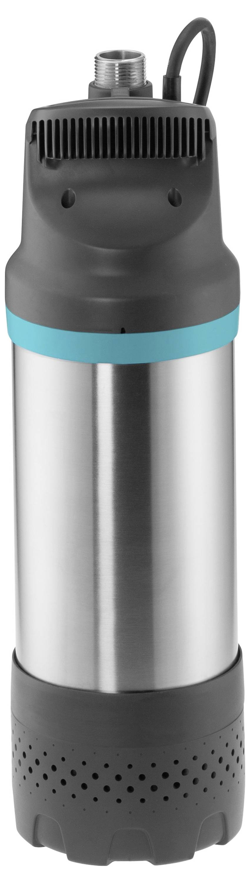 En rostfri och svart dränkbar vattenpump med en blå rand, utrustad med en övre intag port och ett nedre filter för vätskeintag.