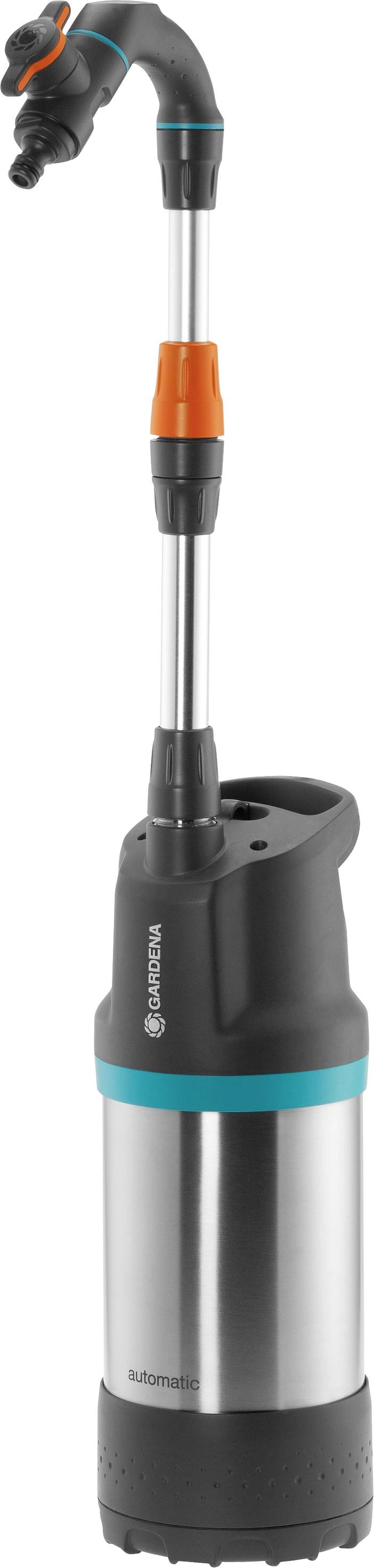 Dränkbar pump av metall och plast med justerbart handtag och två utgångar överst. Varumärke synligt på pumpens övre del.