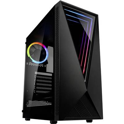 Svart PC-hölje med glasfront. Belyst fläkt i regnbågens färger och geometriska LED-remsor synliga inuti.
