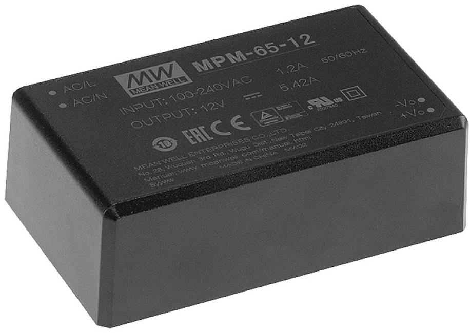 Svart, rektangulärt nätaggregat från Mean Well. Påskrift visar: 'MPM-65-12', ingång 100-240V, utgång 12V, 5,42A.