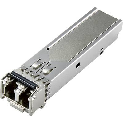 Ett silvergrått SFP-modul som används för att ansluta nätverksenheter via optiska eller kopparkabler.