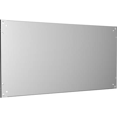 Metallplatta med rektangulär form och fyra hål i hörnen. Ytan är slät och reflekterande.