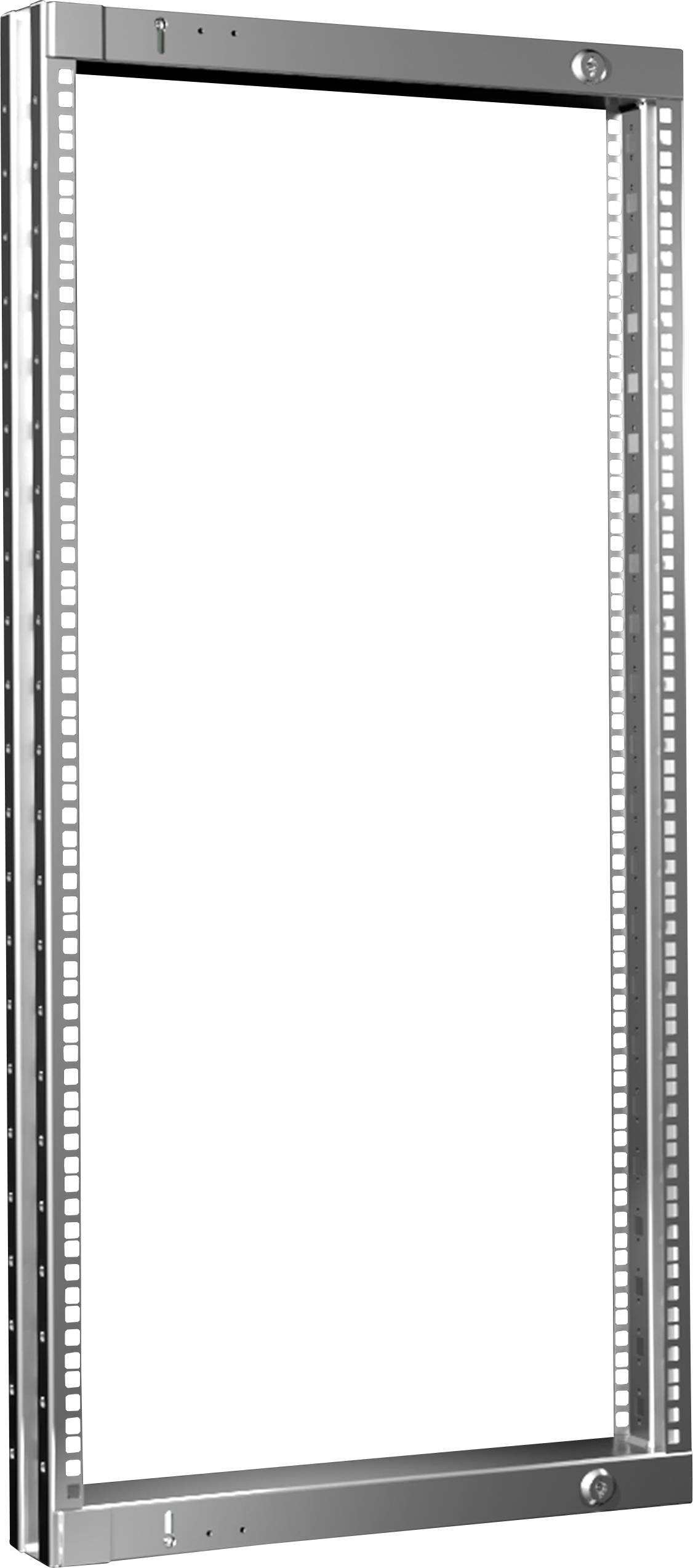 Metallisk ram till en serverrack utan dörrar och sidoväggar, lämplig för montering av IT- eller nätverksenheter.