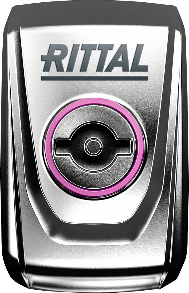 En skinande metallknapp med en rosa kant och texten 'RITTAL' ovanför.