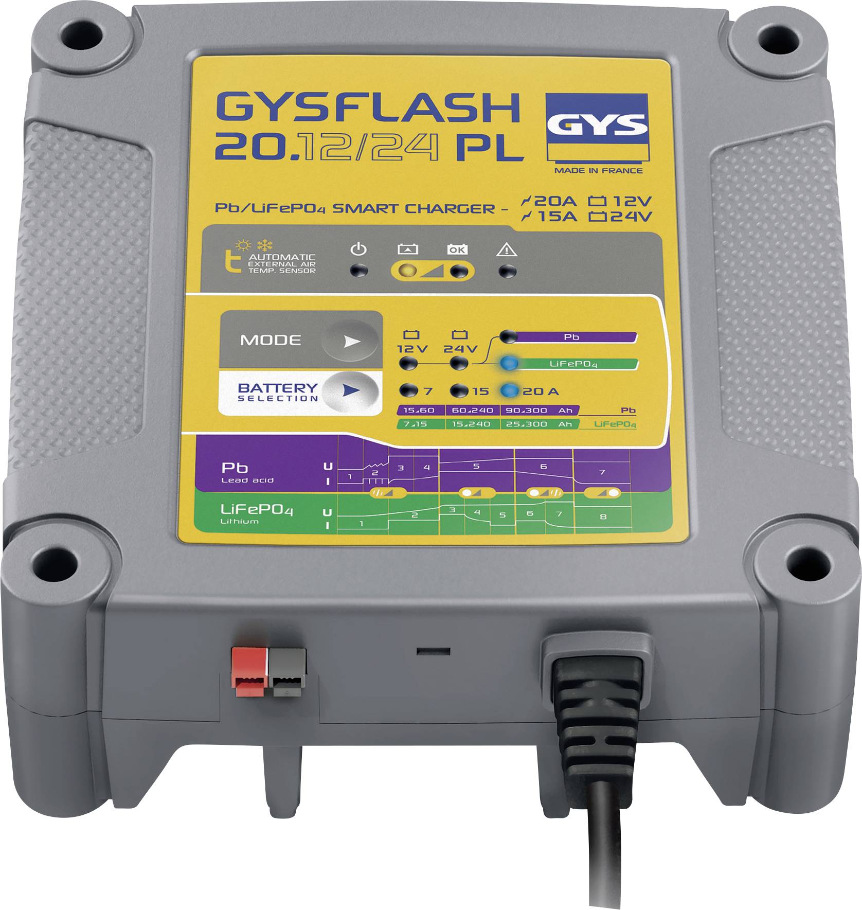 Laddare 'GYSFLASH 20.12/24 PL' från GYS för Pb/LiFePO4-batterier, visar lägen och laddningsalternativ för 12V och 24V batterier.