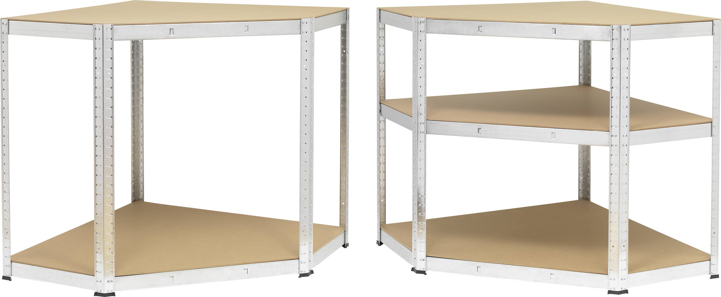 Två triangulära hörn metallhyllor med tre träskivor, lämpliga för förvaring i ett hörn, med ett öppet design för enkel åtkomst.
