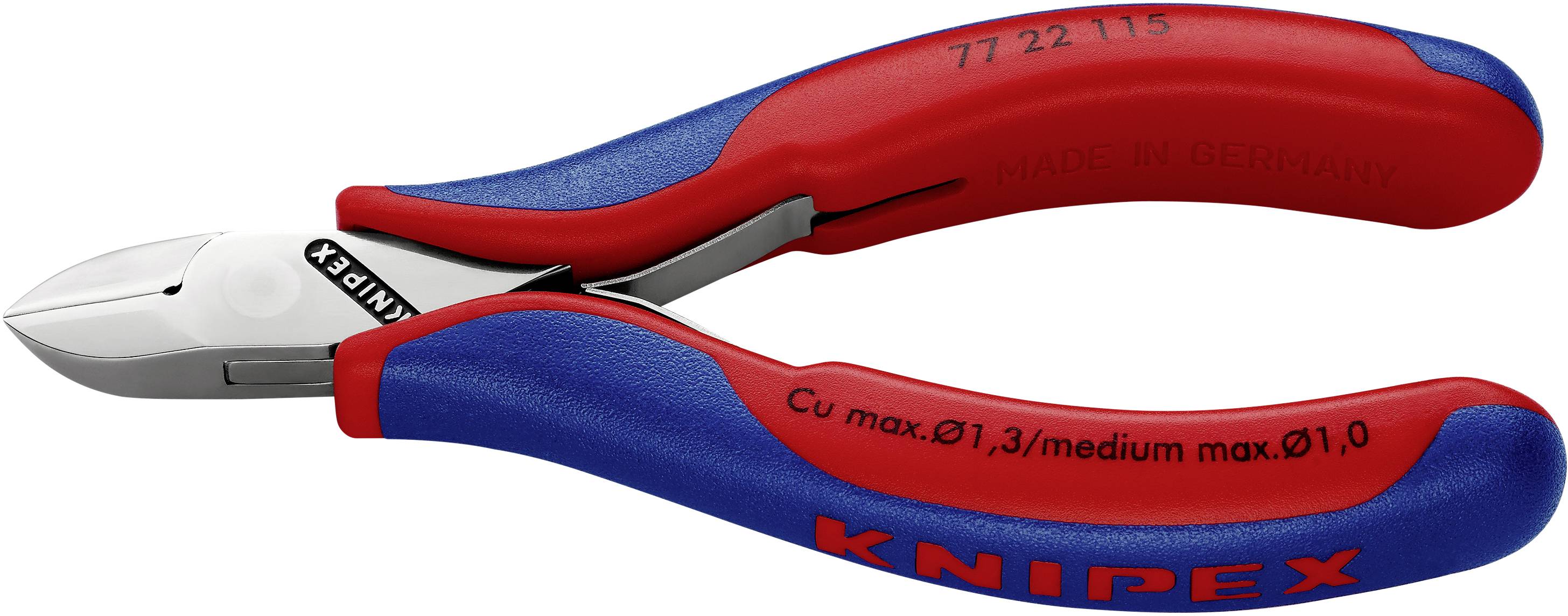En röd och blå sidavbitare. Påskrift: 'Knipex', modellnummer '77 22 115', lämplig för Cu-tråd upp till Ø1,3 mm.