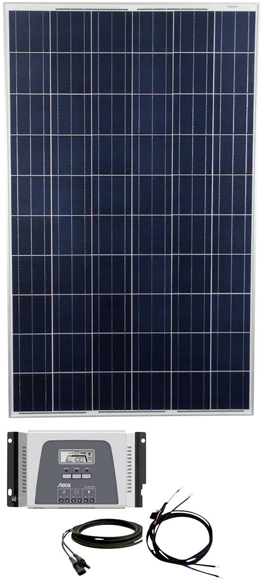Solarpanel inklusive laddningsregulator och kablar. Panelen har en rektangulär design och består av polykristallin kisel.