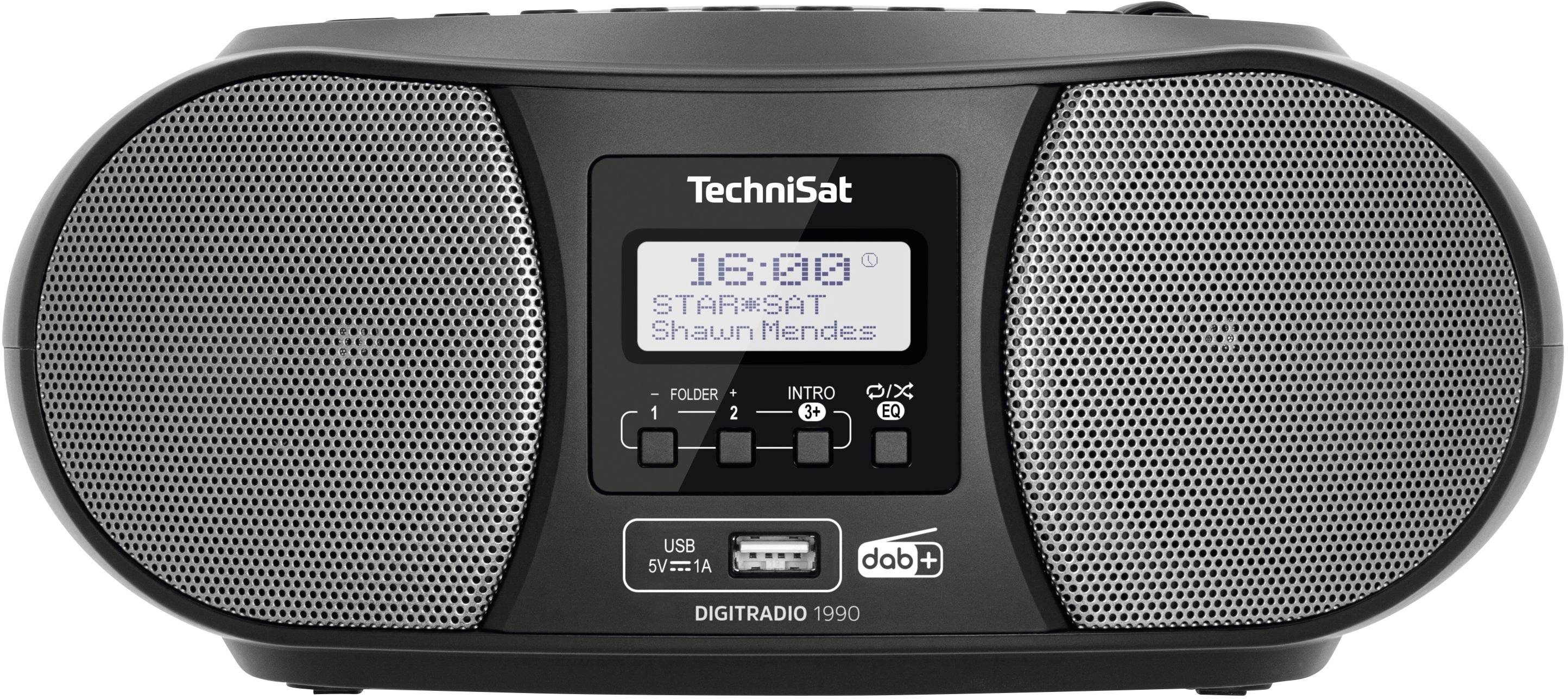 En svart bärbar digitalradio visar på displayen '16:00', 'STAR*SAT' och 'Shaun Mendes'. Platser för USB och hörlurar är synliga.