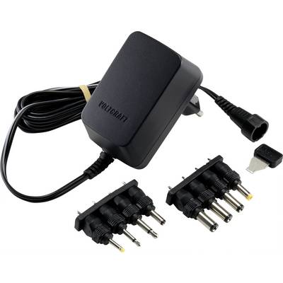 Svart nätadapter med flera utbytbara kontakter och en strömkabel, lämplig för olika elektroniska enheter.