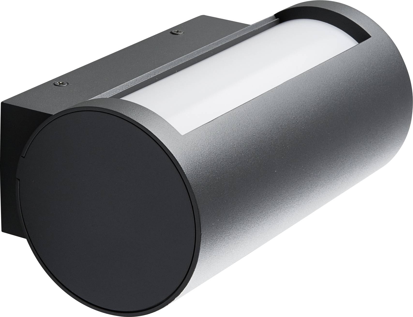 Silverfärgad cylindrisk vägglampa för utomhusbruk med enkelhet i designen. Den har en rundad form och är lämplig för takmontering.
