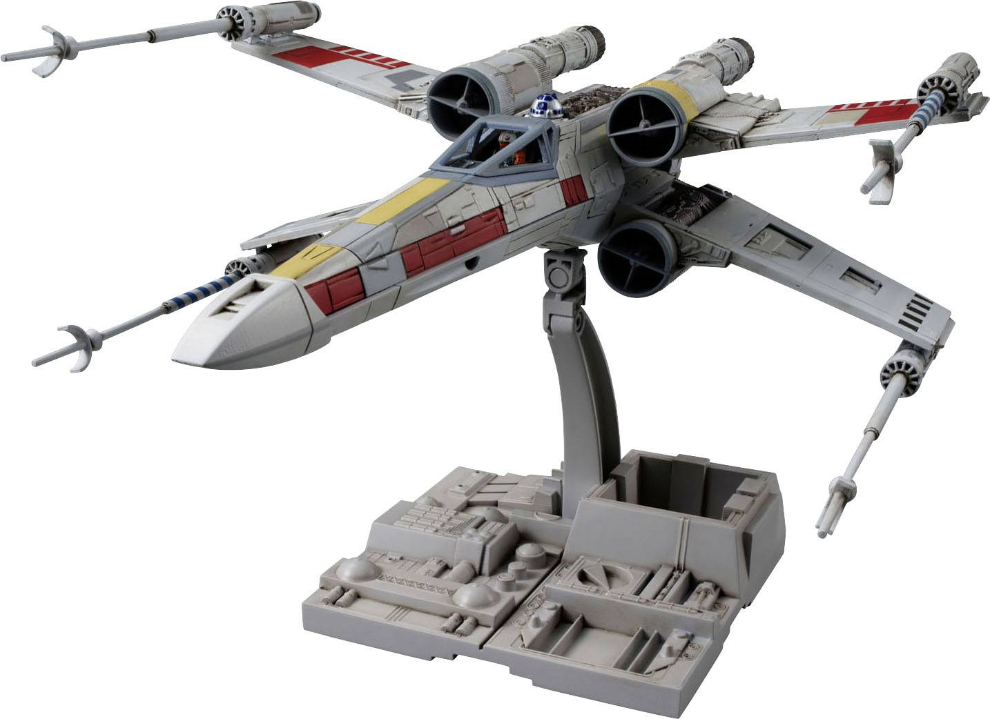 En modell av ett X-Wing-rymdskepp från 'Star Wars' med detaljerad färgsättning och fyra motorer, monterad på ett grått ställ.