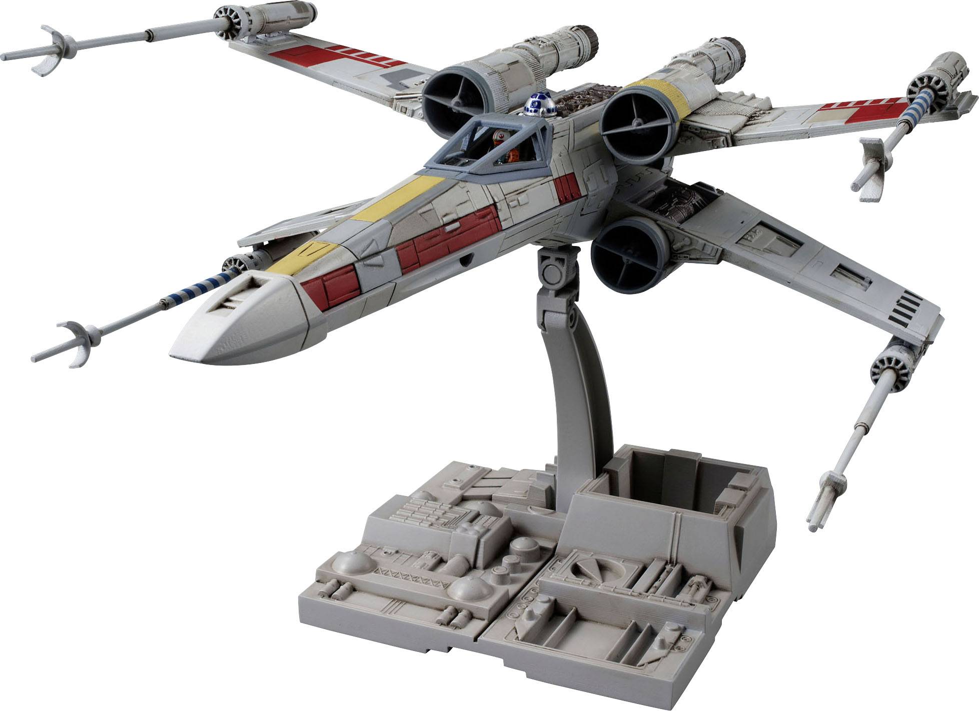 Modell av en X-Wing-jaktflygare med utfällda vingar på ett displayställ. Detaljerad framställning för samlare eller fans.
