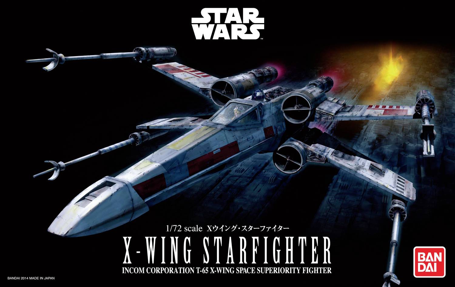 En Star Wars X-Wing Starfighter-modell i aktion framför en rymdlig bakgrund, med Bandai-logotyp och skala 1/72 på förpackningen.