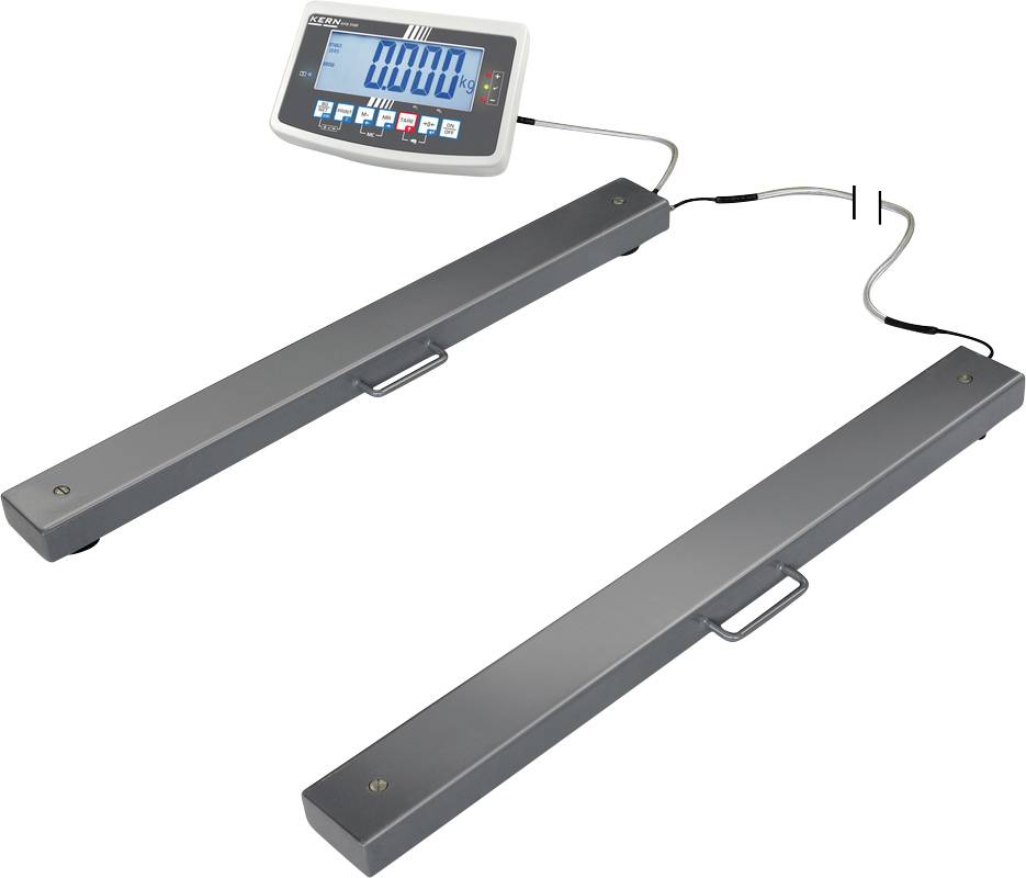 Elektronisk våg med två långa, rektangulära mätbalkar och digitalt display. Visar vikten i kilogram.