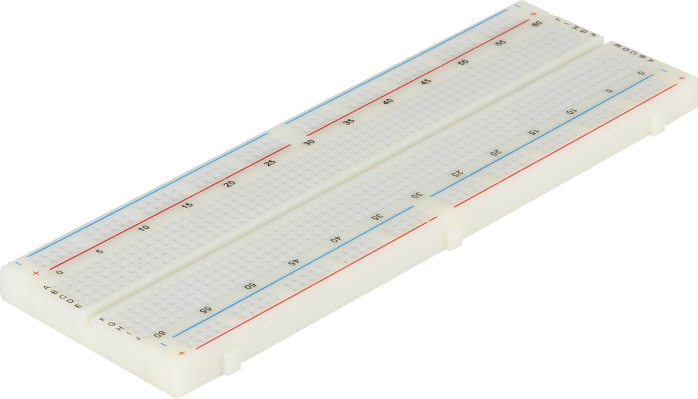 Bilden visar ett kopplingsbräde med genomgående horisontella och vertikala kontaktrader. Perfekt för elektroniska kretsar.