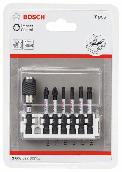 Bosch Impact Control Set, 7-delars, innehåller olika svarta bits och en snabbväxlingsinsats. Lämplig för robusta tillämpningar.