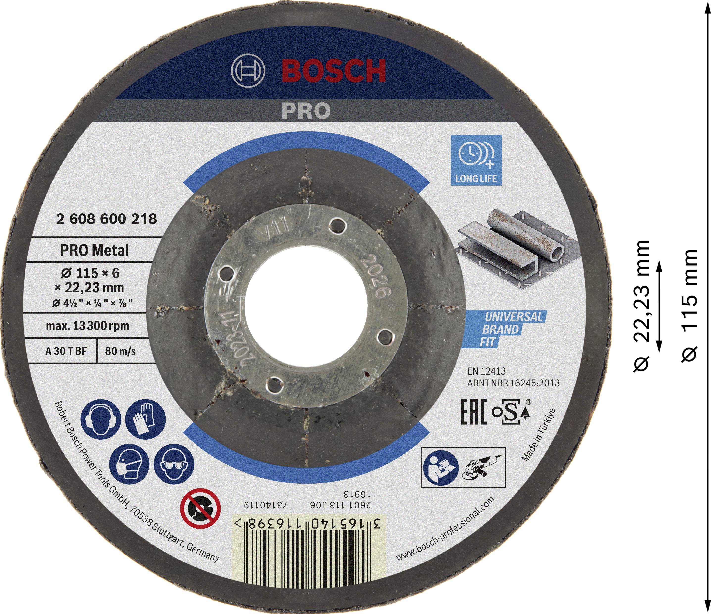 'Bosch PRO Metal kapskiva' med 115 mm diameter och 22,23 mm borrning, lämplig för metall, varvtal upp till 13.300 v/min.