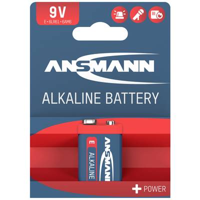 Ansmann 9V alkaliskt batteri i blå-röd förpackning. Lämplig för brandvarnare och andra enheter, lång hållbarhet och prestanda.