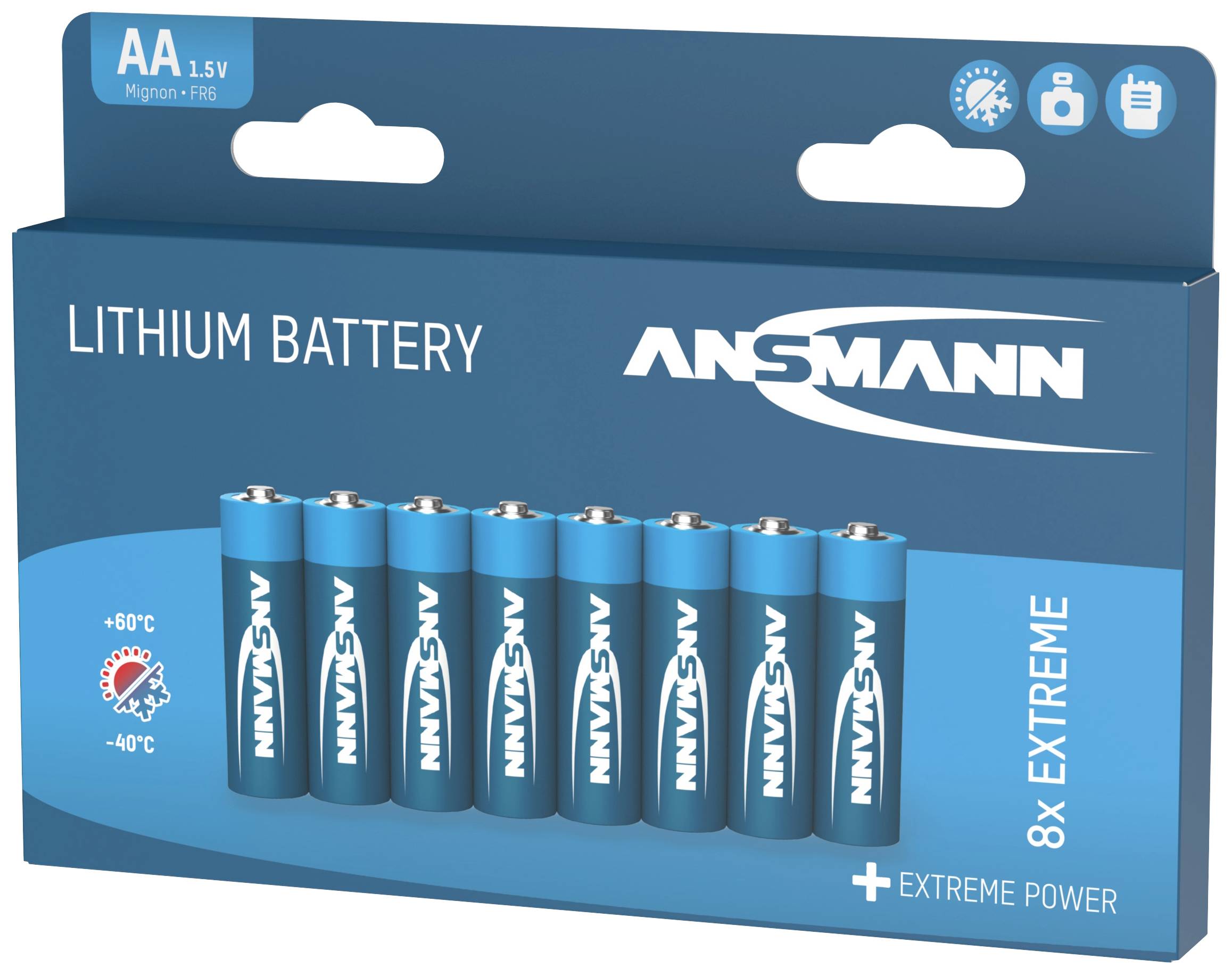 Åtta blå AA-batterier av märket Ansmann i en förpackning märkt 'Extreme Power', lämpliga för temperaturer från -40°C till +60°C.