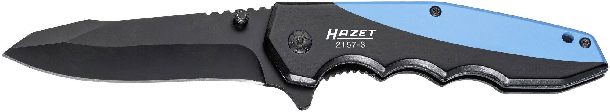 Fällkniv med svart klinga och blått handtag, varumärke 'Hazet 2151-3'.