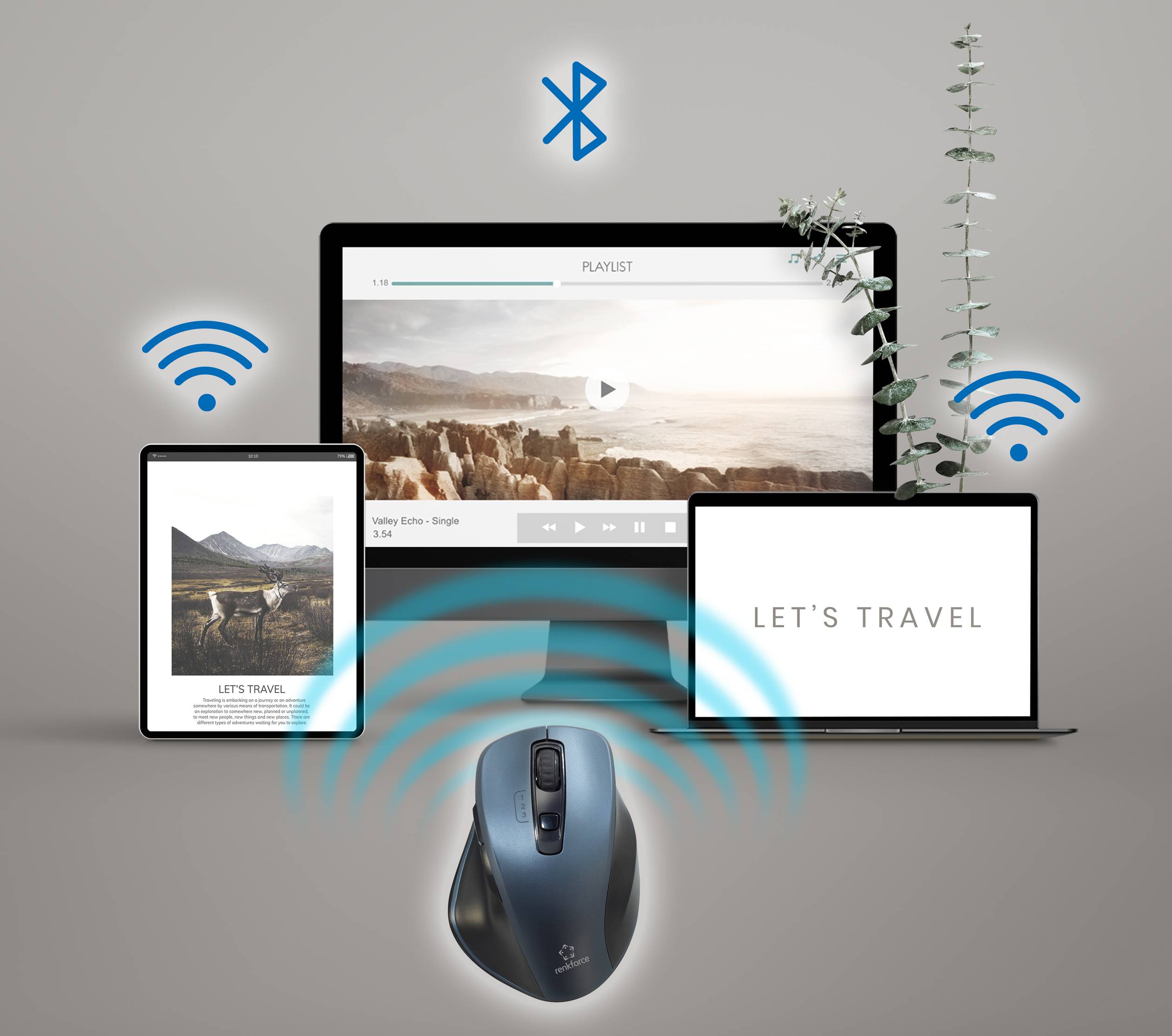 Bluetooth-musen ansluter samtidigt till surfplatta, bärbar dator och skärm. Symboler för WiFi och Bluetooth framhäver den trådlösa funktionen.
