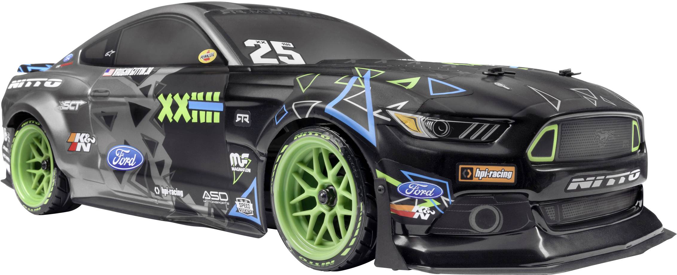 HPI Racing 1:10 RC modellbil Elektrisk Gatumodell Vaughn Gittin Jr Drift Mustang Borst motor Fyrhjulsdrift (4WD) 100% RtR 2,4 GHz inkl. batteri, laddare och sändarbatterier