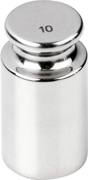 Ett blankt, cylindriskt metallvikt med prägling '10' ovanpå, indikerar en viktsklass på 10 gram eller kilogram.