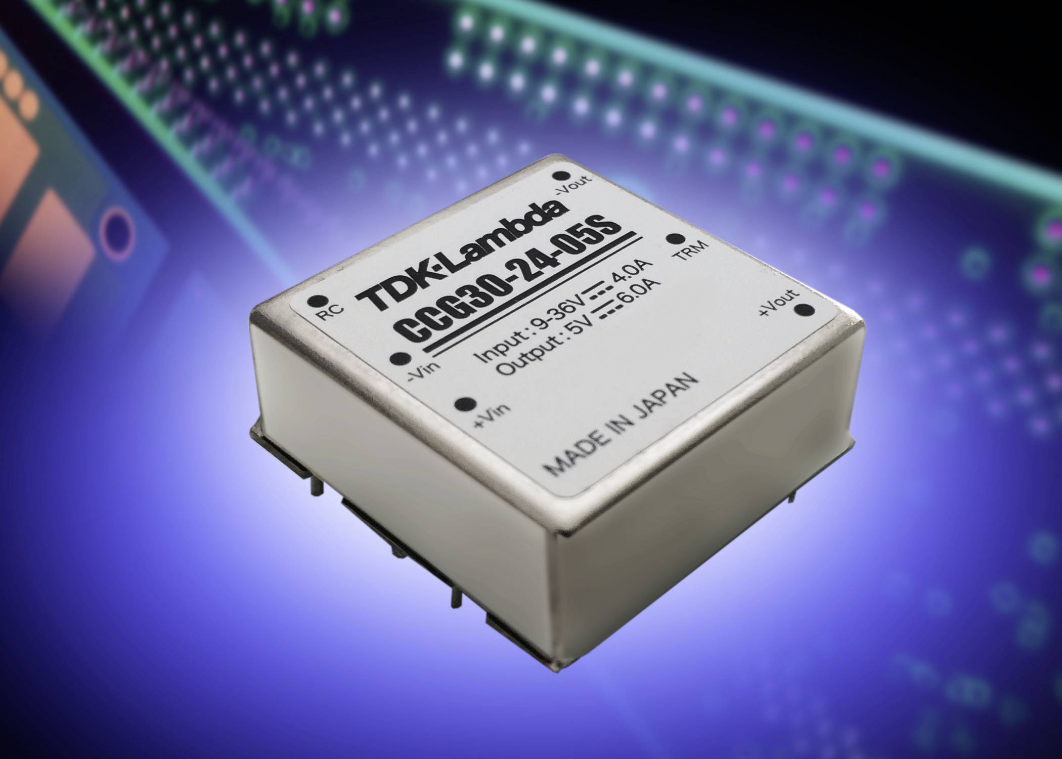 En elektronisk komponent med påskriften 'TDK-Lambda CC3-024-05S', som visar spänningsingångar och -utgångar. Bakgrund med krets.
