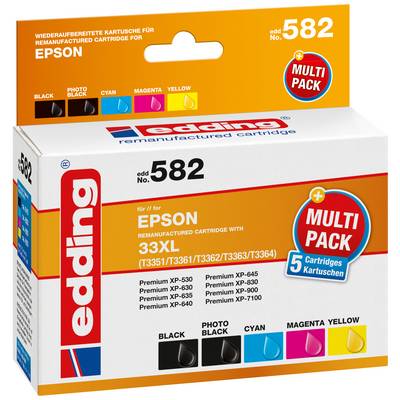 Flerfärgad Edding-bläckpatronsförpackning för Epson-skrivare, 5 patroner. Kompatibel med Epson XP-530, XP-630, XP-830.