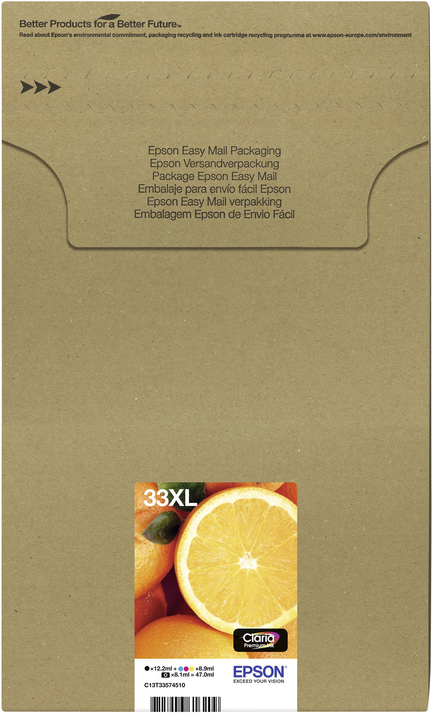 Brun kuvert med etikett för Epson Easy Mail-förpackning. Nedtill en bild av en halverad apelsin med texten 33XL.