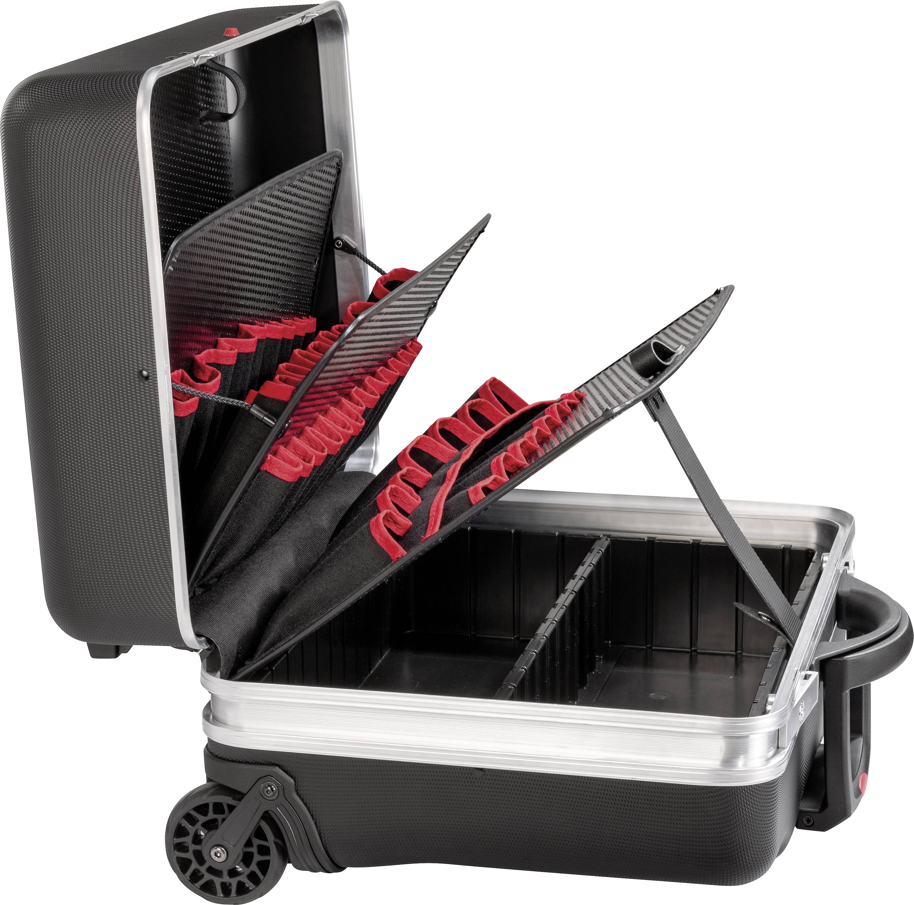 Verktygslåda med avtagbara fack och hållare för verktyg, öppen. Huvudsakligen svart med röda accenter.