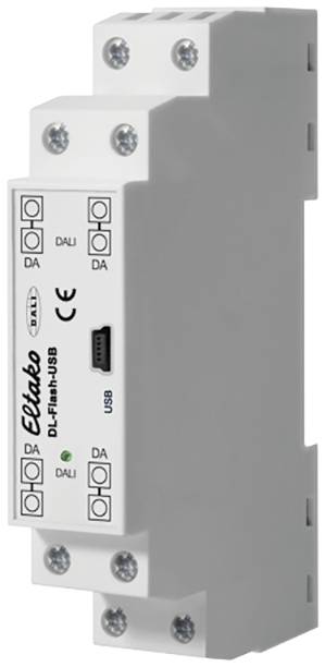 Elektronisk enhet med USB-anslutning och sex skruvförbindningar. Märkt med 'DALI', 'CE' och 'Eliakim'.