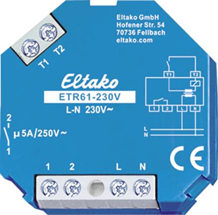 Blå elektrisk komponent med 'Eltako ETR61-230V' etikett, ritning av ett kopplingsschema och tekniska detaljer för elinstallationer.