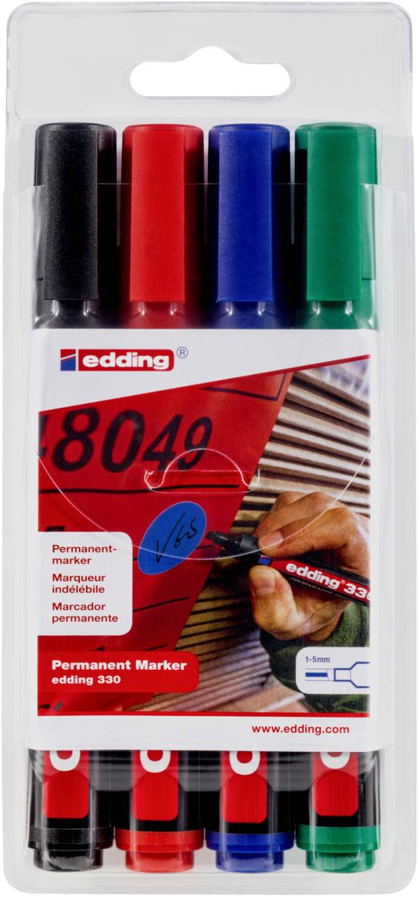 Edding 330 4-330-4 Permanent bläckpenna Svart, Grön, Röd, Blå vattensäker: Ja