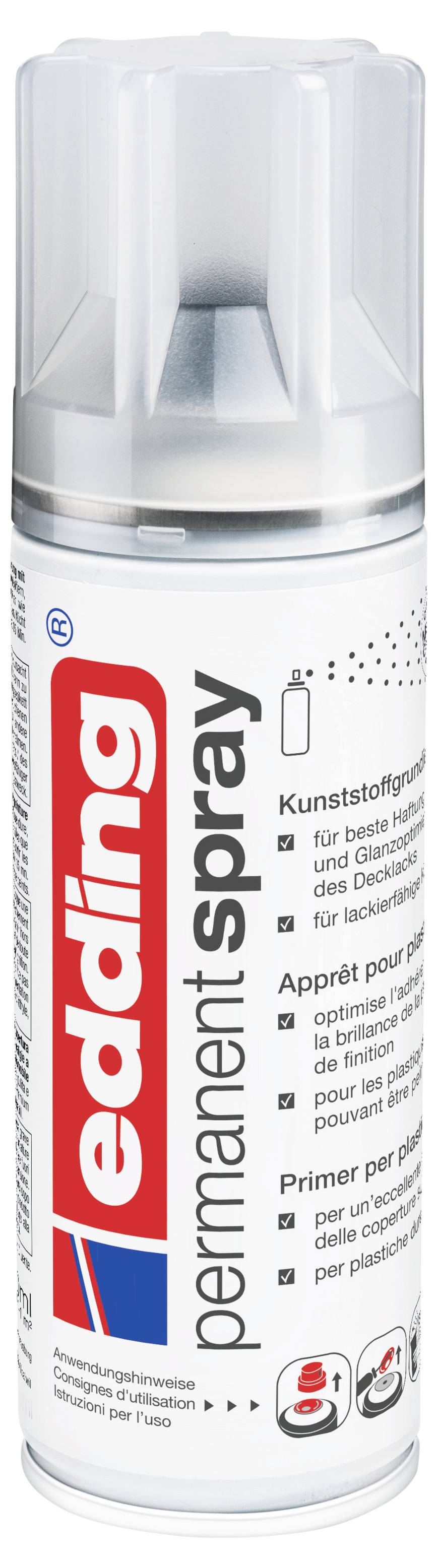 Vit burk med Edding permanent sprayflärg med röd logotyp och svart text, visad framifrån på en enkel vit bakgrund.
