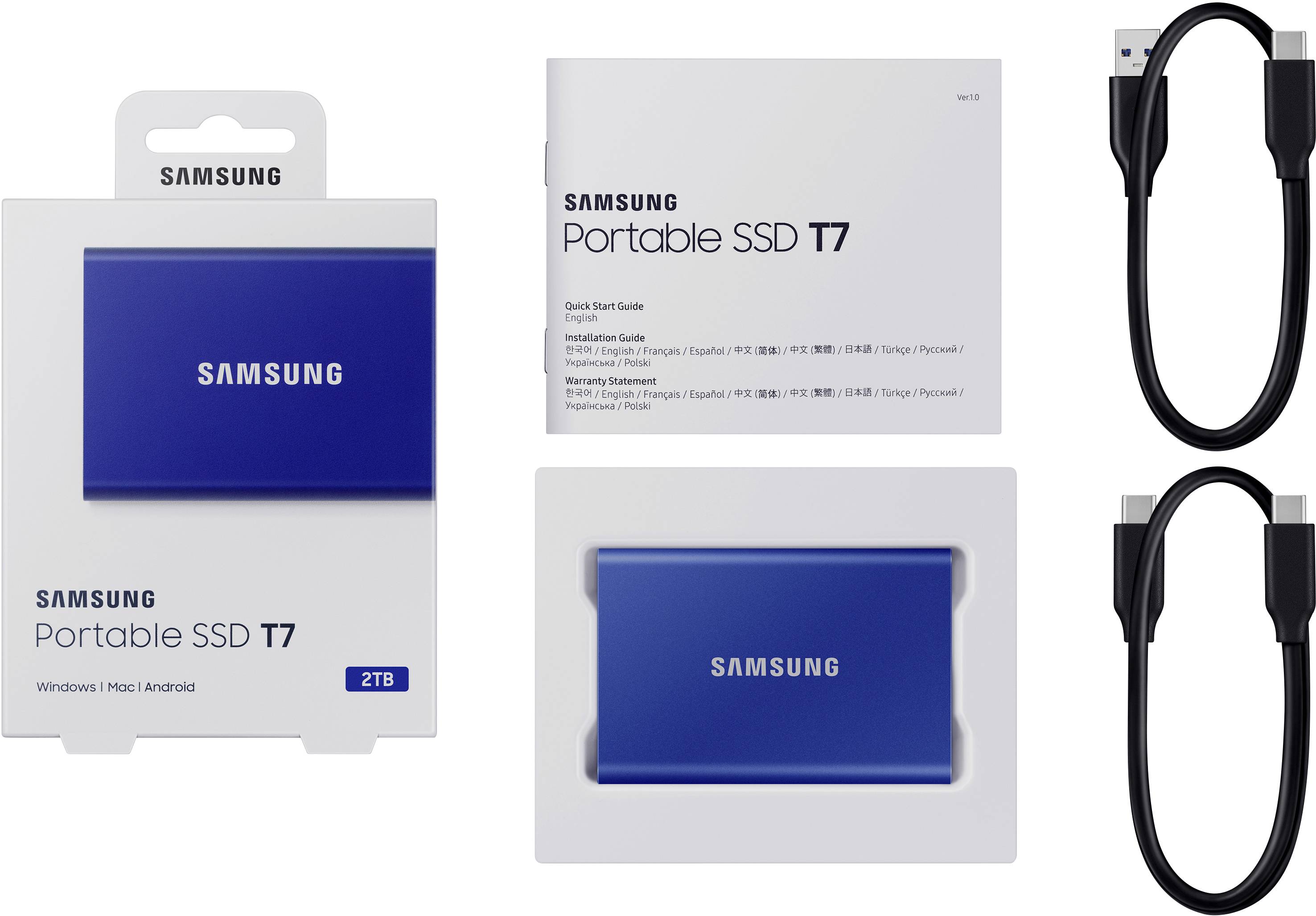 Samsung Portable SSD T7 2TB, inklusive förpackning, blå SSD, USB-kablar och instruktionsmanual, kompatibel med Windows, Mac och Android.