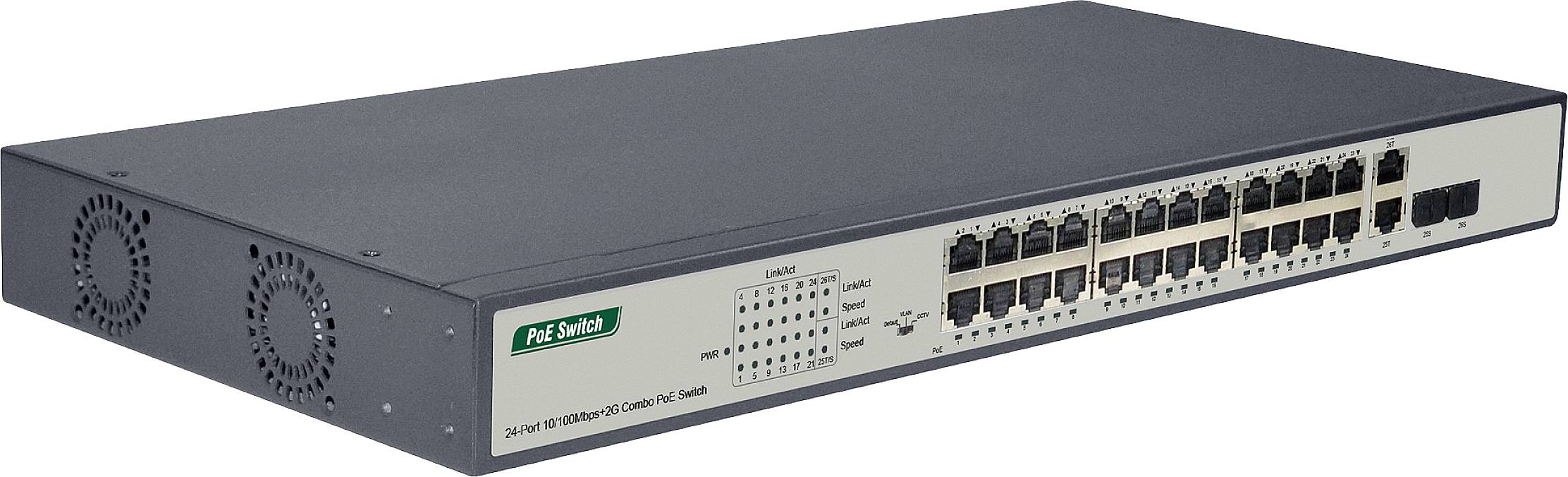 En nätverksswitch med 24 Ethernet-portar och LED-indikatorer för status och aktivitet. Fläktar på sidan för kylning.