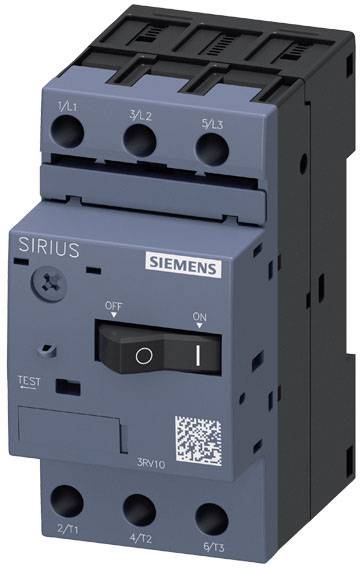 Siemens SIRIUS-omkopplare med På/Av-switch och QR-kod på framsidan, modell 3RV10, elektrisk säkring för effektstyrning.