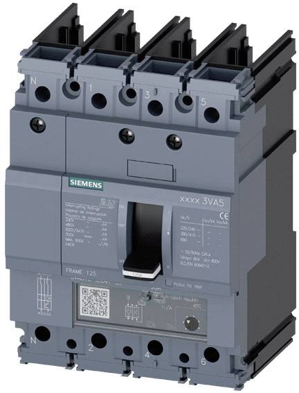 Effektbrytare med Siemens-logotyp, fyrapolig, grått hölje, frontvy. Bryteraren erbjuder skydd och styrning av elektriska kretsar.