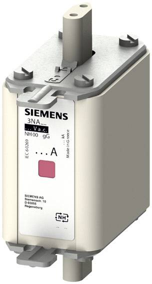 En elektrisk säkringsinsats från Siemens, modell NH00, med hänvisning till normen 'IEC 60269' och påtrycket '3NA... V a.c.'.