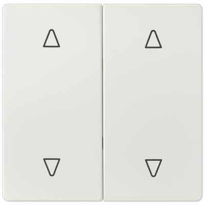 Två vita vippströmbrytare med svarta trianglar som pekar uppåt och nedåt, avsedda för styrning av persienner eller rullgardiner.
