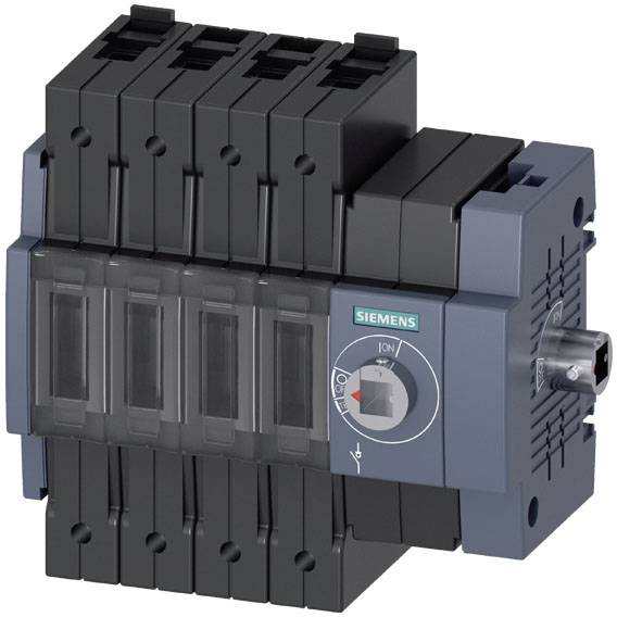 En grå, fyrpolig switch från Siemens med vred för läge 'I/PÅ' och 'O/AV'. Manöverelement går att tippa.