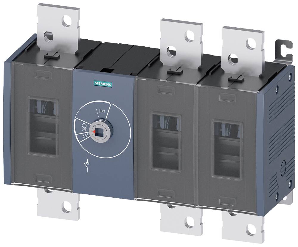 Elektrisk effektbrytare från Siemens med fyra anslutningspunkter, vridbar strömbrytare i mitten och metalliska kontakter.