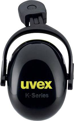 Hörselskydd av märket 'uvex', K-serien, i svart med gult logo, sedd från sidan.