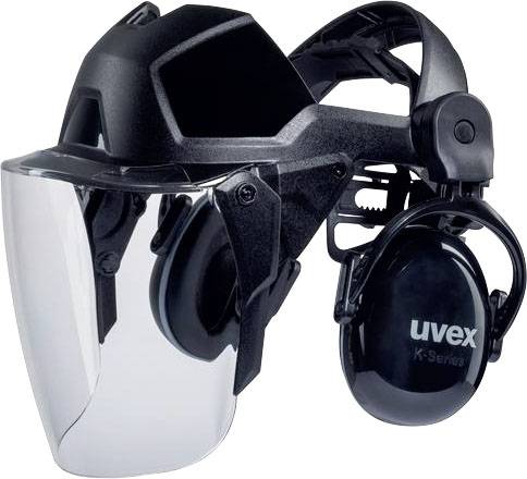 Svart skyddshjälm med integrerad transparent visir och hörselskydd. Lämplig för arbetsplatser med hög bullernivå.