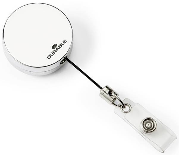 Rundad kortmall med utdragbart band och metallclip från märket DURABLE, lämplig för fastsättning av ID-kort eller andra kort.