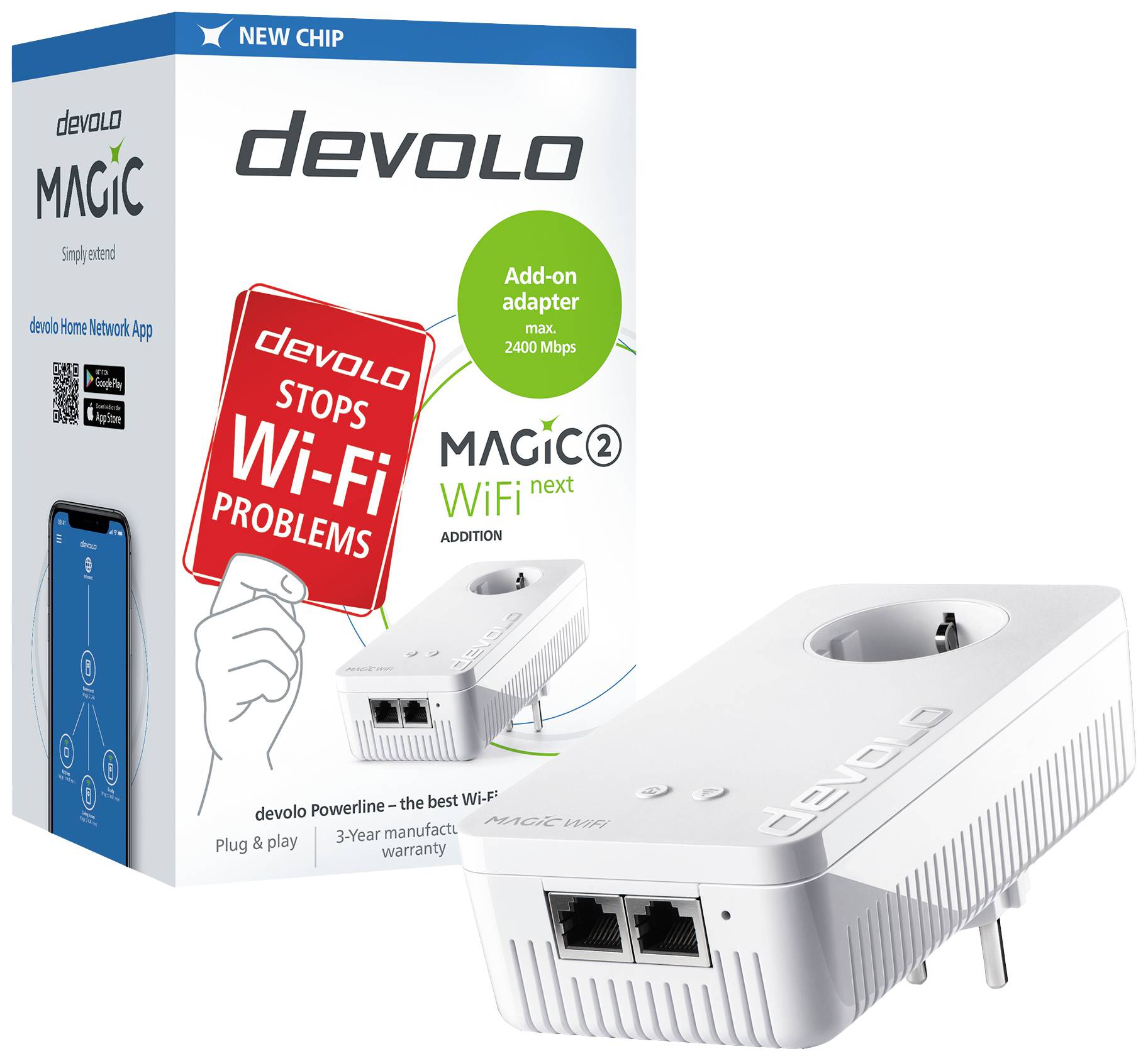 'devolo Magic 2 WiFi next' Powerline-adapter, 2400 Mbps, för utökning av nätverkstäckning; innehåller en enhet och förpackning.